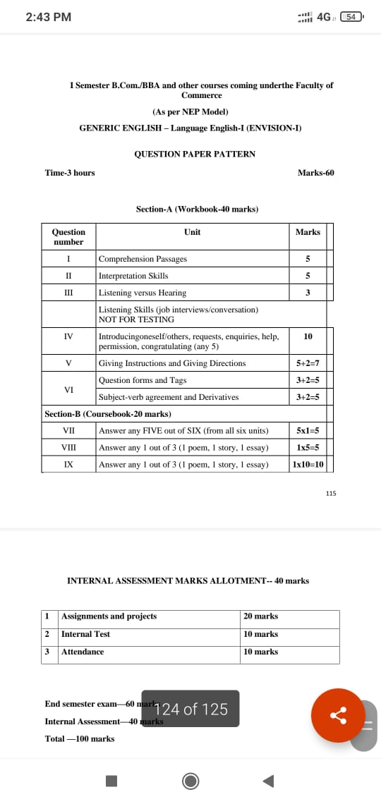 UG Courses NEP Question Pattern - Bengaluru City University